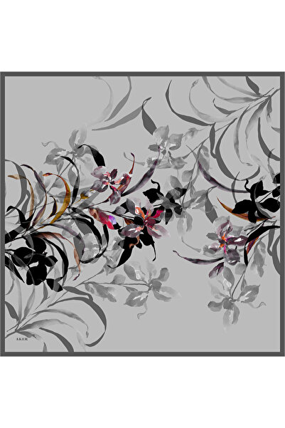 Aker Gri Çiçek Desenli İpek Krep Saten Eşarp