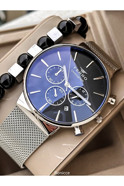 FERRO In a Stylish Box, Silver Black, Steel Band, Functional Men's Watch with Bracelet Gift