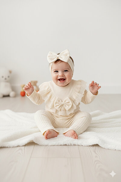 MİNİBORN طقم بناتي مكون من 3 قطع مع فيونكة قطنية وتفاصيل دانتيل