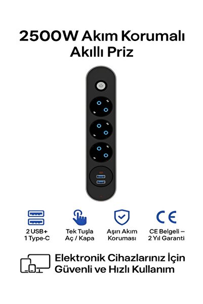 çelikwork inspiring technology FTR 2500W Termal Akım Korumalı 3’lü Priz – 2 USB, 1 Type-C, Sigortalı Çoklayıcı, 2 m Kablo