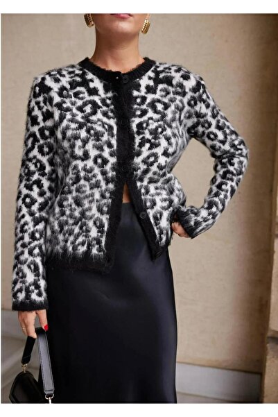 FLEX FASHION Cardigan cu model FURRY pentru femei, cu decolteu, alb-negru, cu model leopard