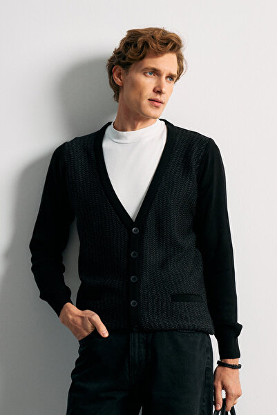 Çizgi Triko Men's Buttoned Black Cardigan with Pockets Patterned Steel Knit C...