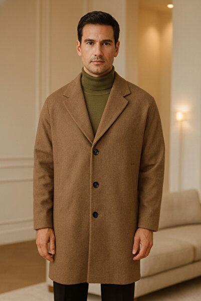 Mamlay Tan Button Closure Oversized Loose Fit Long Cashmere Coat