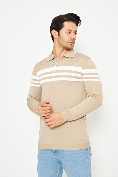 ZİNOX Men's Shirt Collar Chest Striped Knitwear Sweater