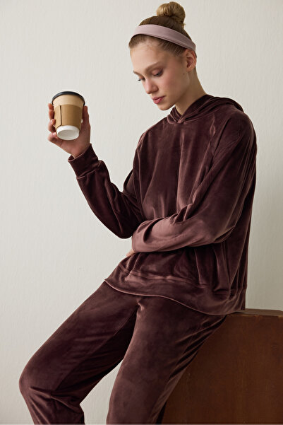 Penti Brown Soft Velvet Warm Thermal Effect Hooded Sweatshirt