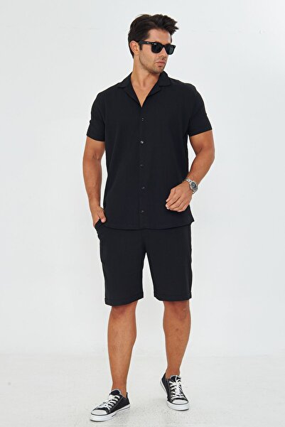 ZİNOX Men's Linen Lapel Collar Short Sleeve Shirt - Shorts Set