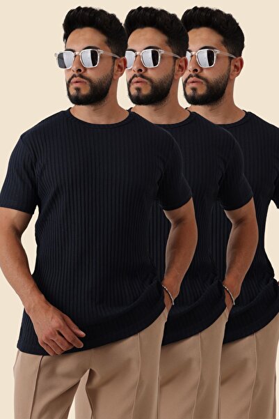 Oyga 3-Piece Men's Ribbed Zinox Fabric Sweater – Soft Textured Short Sleeve Basic Sweater