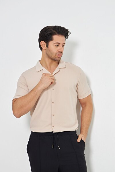 ZİNOX قميص رجالي من القماش المحبوك بأزرار وياقة أبوتشي، قميص أنيق بنمط كريب م...