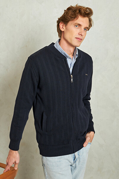 Çizgi Triko Men's Plus Size Lined Knitwear Navy Blue Coat with Stand Collar Steel Knit Pattern Classic Fit - 5209Tb