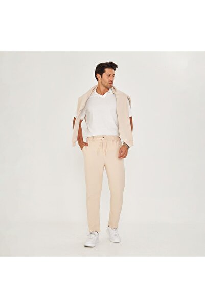 ZİNOX بنطال كلاسيكي من قماش الدابول ذو أرجل مستقيمة وحزام خصر للرجال