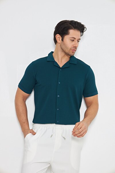 ZİNOX Cămașă cu mânecă scurtă pentru bărbați, tricotată, cu nasturi, guler Apachi, model elegant, potrivită pentru purtarea zilnică