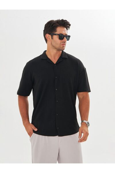 ZİNOX Men's Short Sleeve Oversize Turtleneck Twist Pattern Casual Shirt