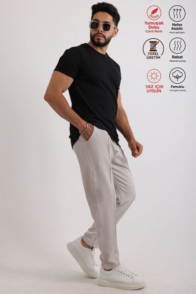 Oyga Men's Ribbed Zinox Fabric T-Shirt & Zippered Double Fabric Trousers Set