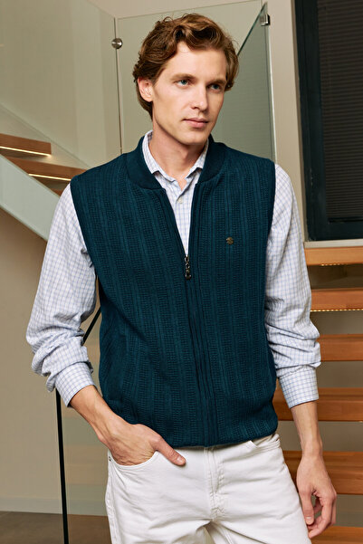 Çizgi Triko سترة رجالية محبوكة بسحاب بنمط بترولي ونسيج فولاذي مع جيوب وتصميم كلاسيكي - 5209J