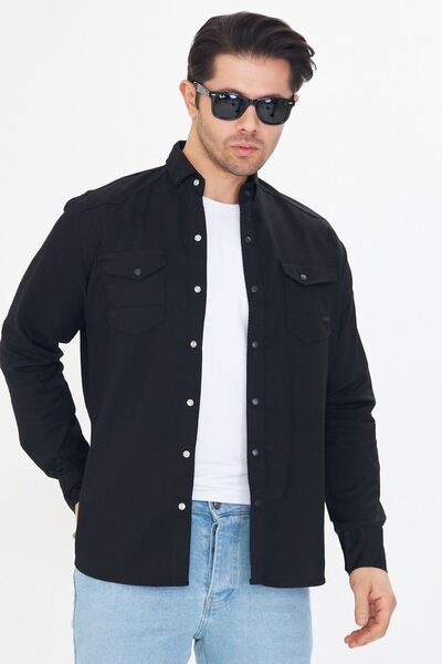 Oyga Men's Black Slim Fit Slim Fit Double Pocket Cotton Denim Shirt