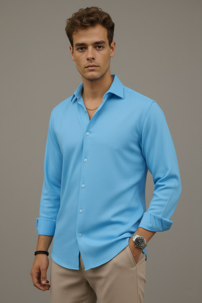Bürke Sofya Linen Light Blue Half Oversized Men's Shirt