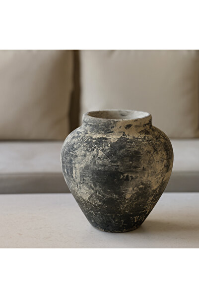 Yalda atelier Handmade Natura Matte Dokulu küçük göbekli Dekoratif Vazo eskitme siyah