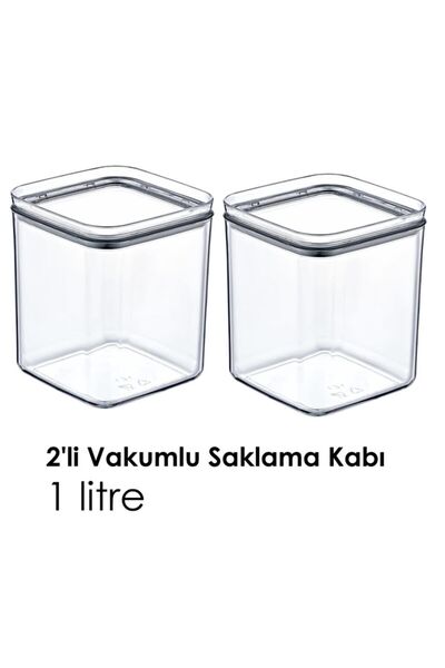 Eynel 2'li 1 L Kare Vakumlu Kapaklı Kuru Baklagil Saklama Kabı Sızdırmaz Contalı Çerez Kahve Koyma Kutusu