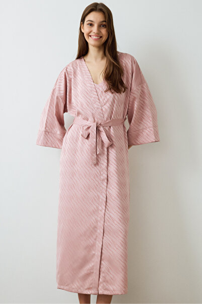 Penti Dusty Rose Emma Zebra Patterned Satin Long Sleeve Dressing Gown