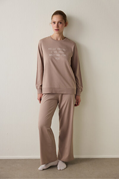 Penti Dark Beige Hello Friday Printed Crew Neck Cotton Long Sleeve Pajama Top