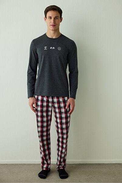 Penti Men's Winner Slogan Printed Crew Neck Long Sleeve Pajama Set