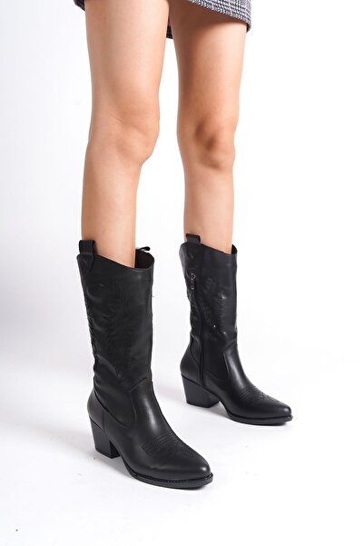 Limeo Cizme de cowboy pentru femei cu fermoar, model de broderie cu toc negru...