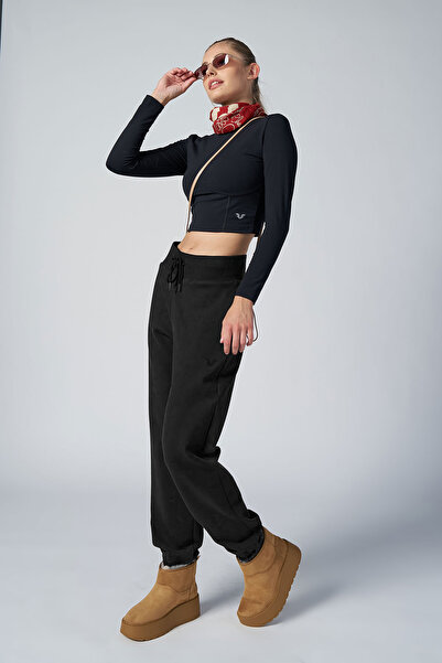 bilcee Women's Black Brushed Soft Textured Elastic Leg High Waisted Sweatpant...