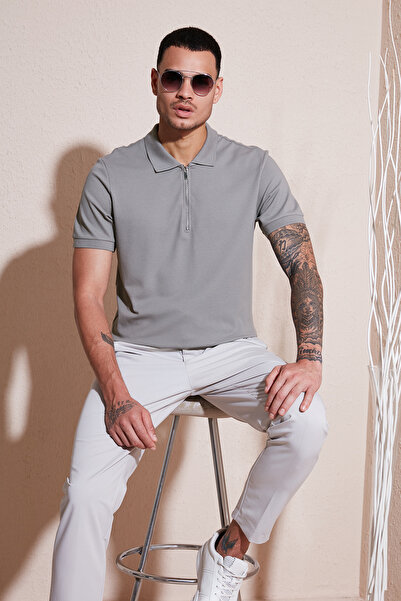 Buratti Tricou din bumbac cu gât polo pentru bărbați - cu fermoar, cu potrivi...