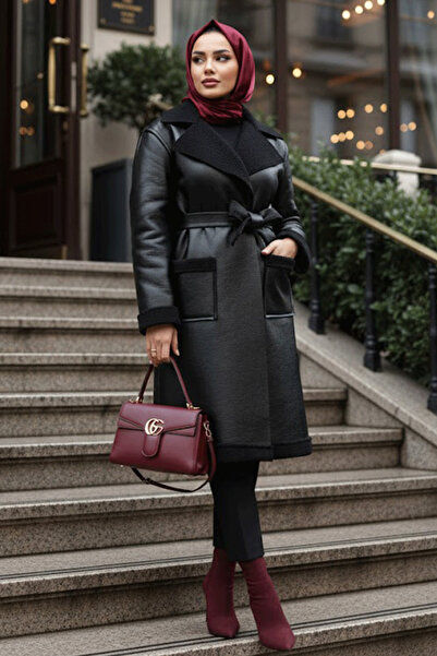 N.S NEVA STYLE Fur Detailed Black Hijab Faux Leather Coat 62391S