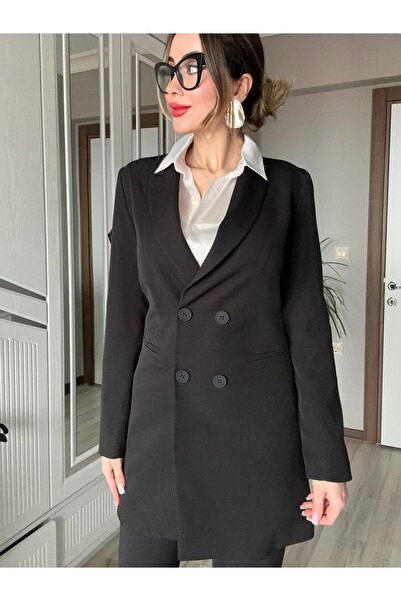 Genel Markalar Kadın Siyah Düğmeli Vatkalı Blazer Ceket Elbise Astarlı Business Blazer Ceket Elbise
