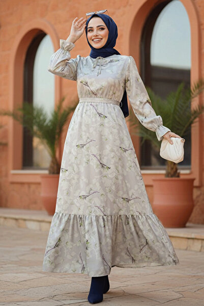 Neva Style Floral Patterned Pistachio Green Hijab Dress 60901FY