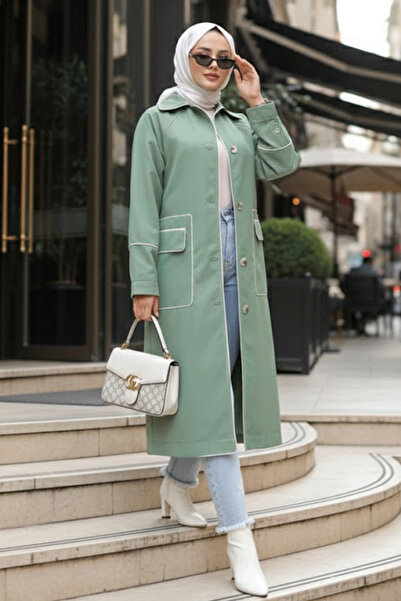 Neva Style معطف خندق حجاب أخضر بأزرار 9206CY