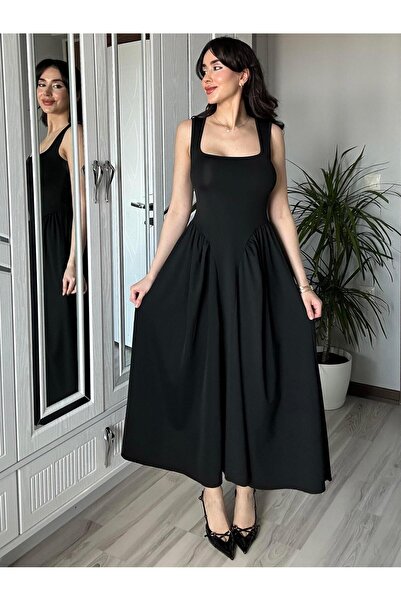 AB LOOKS Women's Nova Black Corset Look Strappy Square Neck Flared Bell Long ...