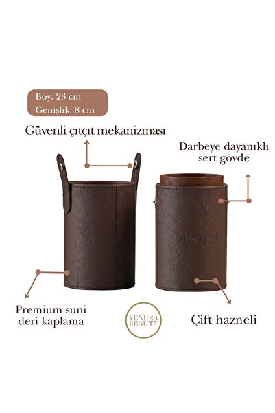 Venura Beauty Suni Deri Makyaj Fırça Kutusu, Çift Bölmeli, Taşımaya Uygun Mak...