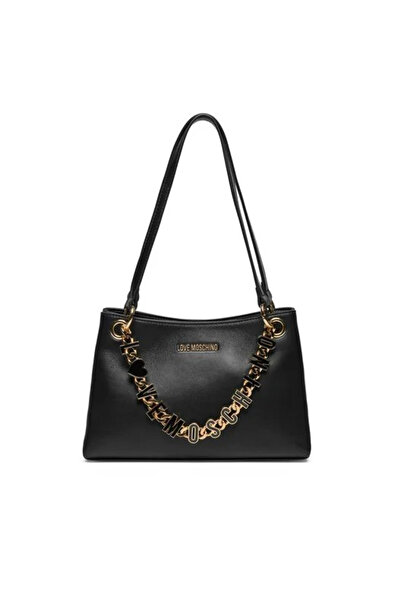 Love Moschino حقيبة كتف نسائية من الجلد باللون الأسود مع تفاصيل سلسلة مزينة ب...