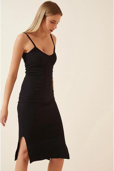 WEAR AND WEAR Kadın Siyah Askılı Yırtmaçlı Kaşkorse Fitilli Örme Midi Elbise