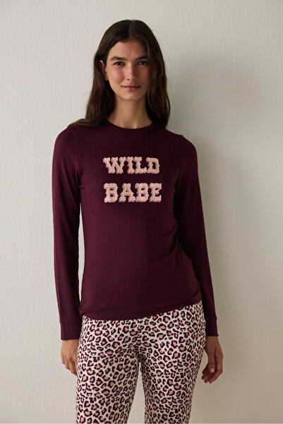 Penti Burgundy Crew Neck Slogan Long Sleeve Pajama Top
