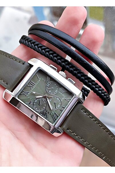 Weluxa Roman Numeral Silver Color Case Khaki Green Leather Band Men's Wrist W...