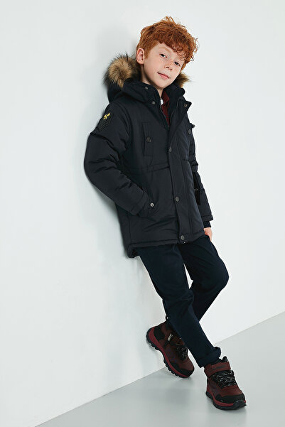 Lela Plush Lined Hooded Slim Fit Coat with Faux Fur Collar Boys' Coat 6031050
