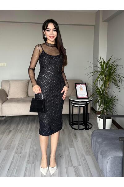 AB LOOKS Kadın Siyah Işıltılı Parlak Varaklı Midi Tül Elbise Düğün Nişan Mezuniyet Özel Gün Davet Elbisesi