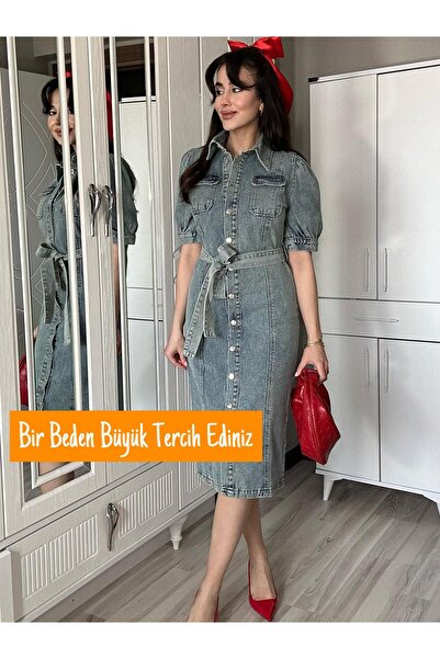 AB LOOKS Kadın Açık Mavi Önü Düğmeli Prenses Kol Beli Kuşaklı Kemerli Midi Bo...