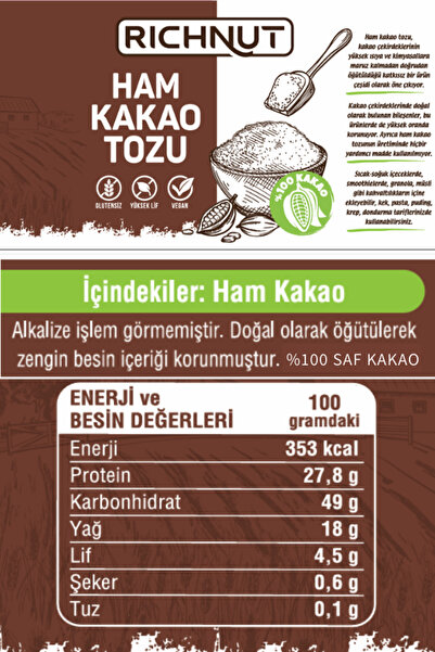 RİCHNUT Naturel Ham Kakao Tozu 140 gr
