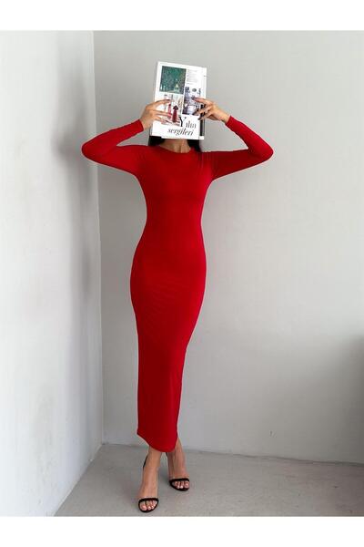 WEAR AND WEAR Kadın Kırmızı Vücuda Oturan Esnek Uzun Kollu Maxi Uzun Kylie El...