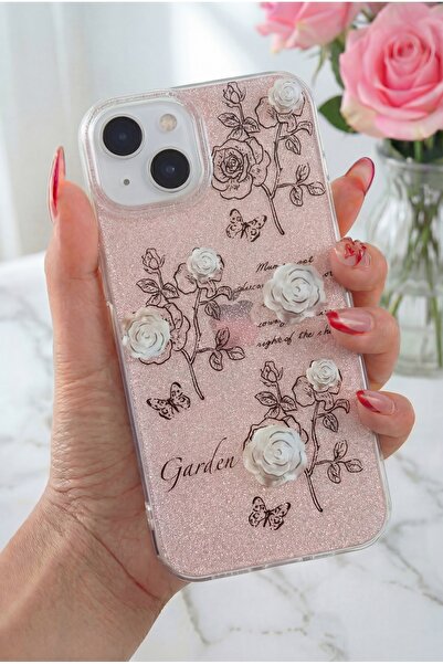 Fibaks Apple Iphone 14 Plus / 15 Plus Uyumlu Kılıf Simli Beyaz Gül Desenli Renkli Parlak Darbe Emici