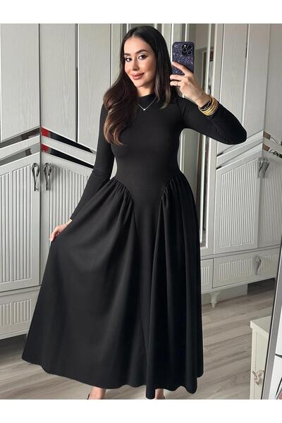 AB LOOKS فستان نسائي طويل بأكمام طويلة من قماش المودال الأسود القطني ذو مظهر ...