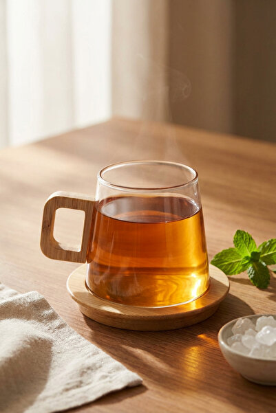 MAKRİ HOME Glass Mug with Bamboo Handle and Base 300 ml