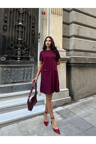 AB LOOKS Kadın Kısa Kollu Oys Premium Pamuklu Modal Kumaş Süs Cepli Kısa Mini...