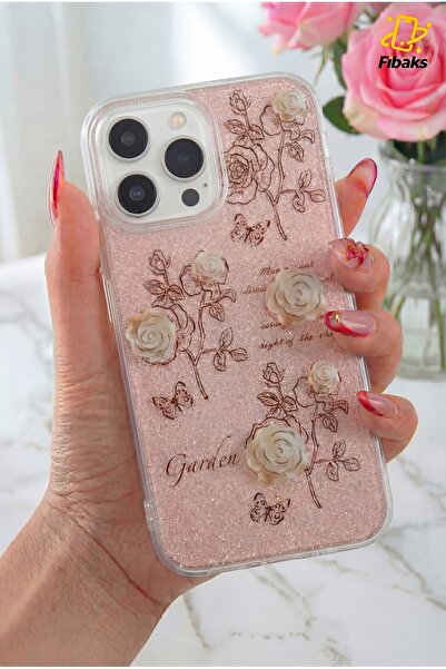 Fibaks Apple iPhone 12 Pro Max Uyumlu Kılıf Simli Beyaz Gül Desenli Renkli Parlak Darbe Emici Kapak