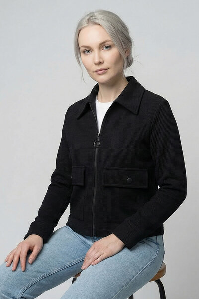 Şiir معطف وسترة قصيرة للنساء من LOPEZ بنمط عثماني مع جيب وسحاب - أسود