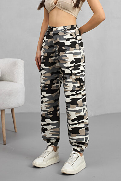 alanora Pantaloni de damă cu talie înaltă, cu buzunare cargo, cu elastic